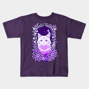 White Cat with Purple Blooms Kids T-Shirt